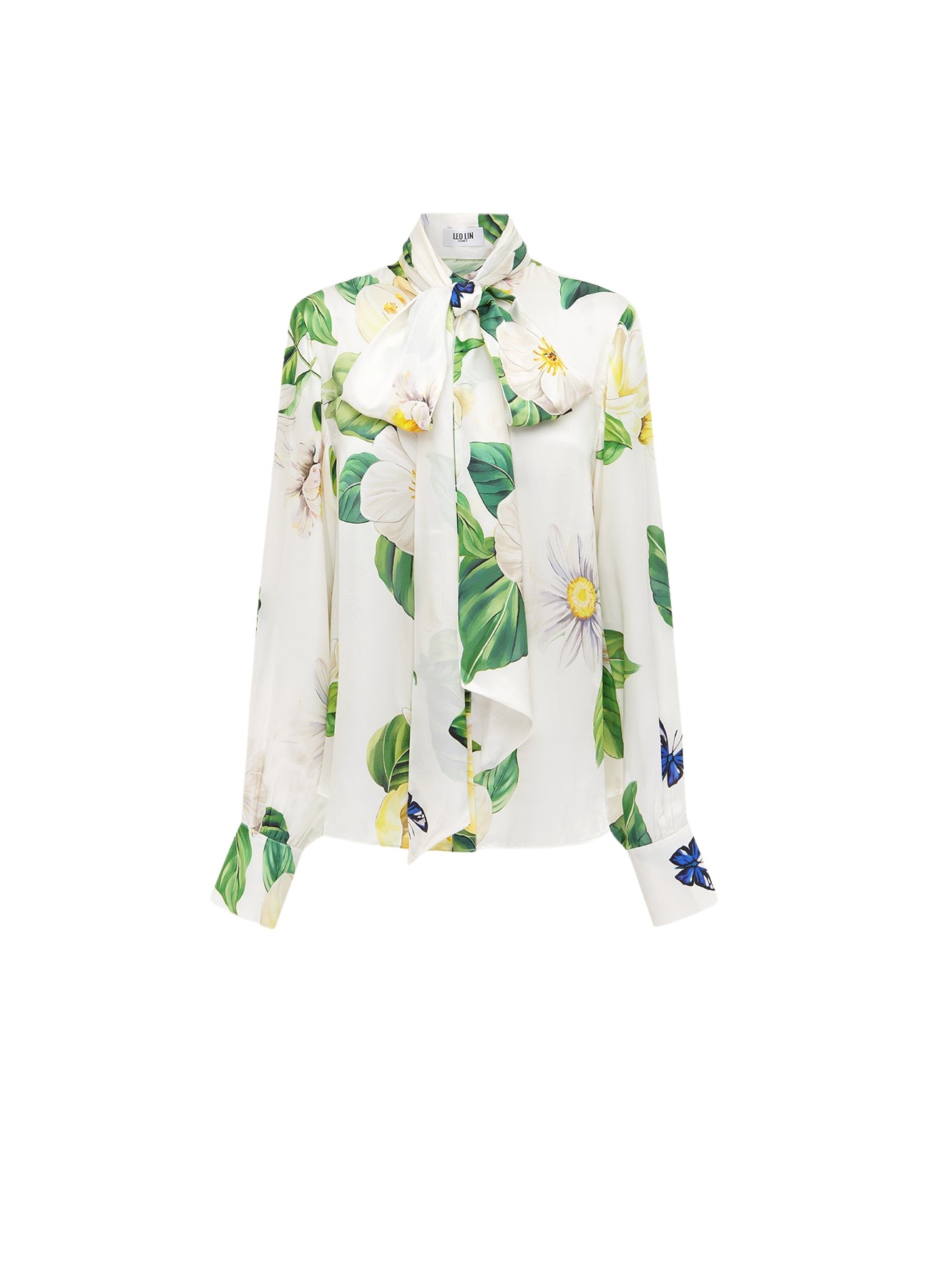 Leo Lin Freya Tie Neck Silk Blouse – Joie Print in Snow