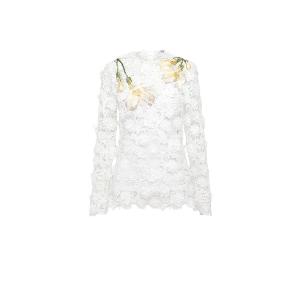 Leo Lin Luna long sleeve lace blouse in white with round neckline and floral detailing — designer fashion at Luxury Shoes 