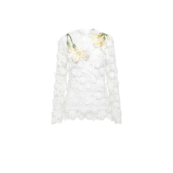 Leo Lin Luna long sleeve lace blouse in white with round neckline and floral detailing — designer fashion at Luxury Shoes 