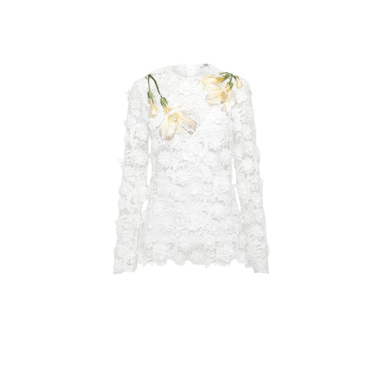 Leo Lin Luna long sleeve lace blouse in white with round neckline and floral detailing — designer fashion at Luxury Shoes 