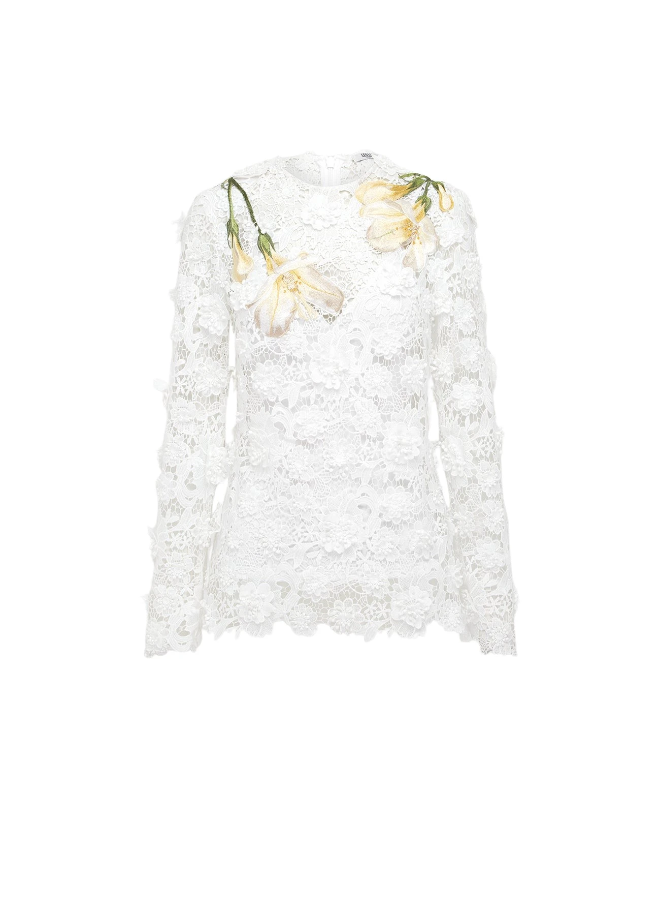 Leo Lin Luna Lace Top – White Long Sleeve Round Neck Blouse | Luxury Shoes Leo Lin Luna long sleeve lace blouse in white with round neckline and floral detailing — designer fashion at Luxury Shoes