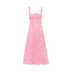 Leo Lin Odette pink floral lace midi dress with short sleeves and fitted waist — romantic designer fashion at Luxury Shoes 