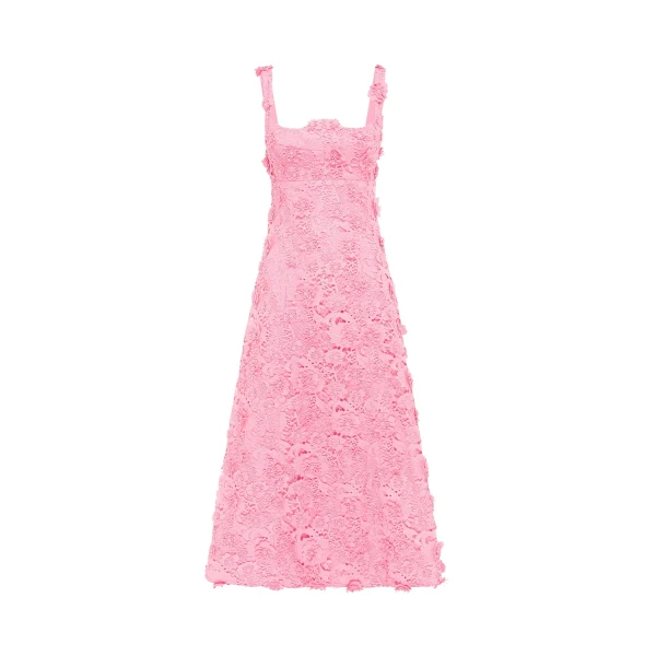 Leo Lin Odette pink floral lace midi dress with short sleeves and fitted waist — romantic designer fashion at Luxury Shoes 