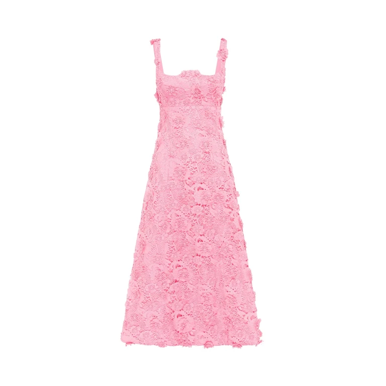 Leo Lin Odette pink floral lace midi dress with short sleeves and fitted waist — romantic designer fashion at Luxury Shoes 