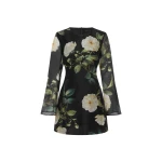 Leo Lin Suzanne Dress – Bell-Sleeve Mini in Blossom Print | Luxury Shoes Model wearing Leo Lin Suzanne mini dress with bell sleeves in floral blossom print — shop luxury fashion at Luxury Shoes