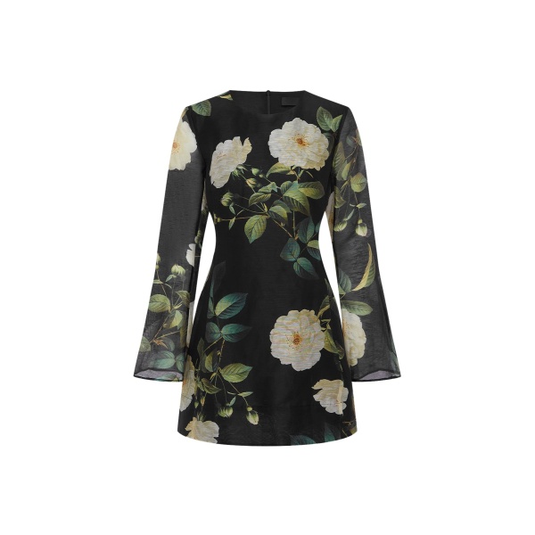 Model wearing Leo Lin Suzanne mini dress with bell sleeves in floral blossom print — shop luxury fashion at Luxury Shoes 