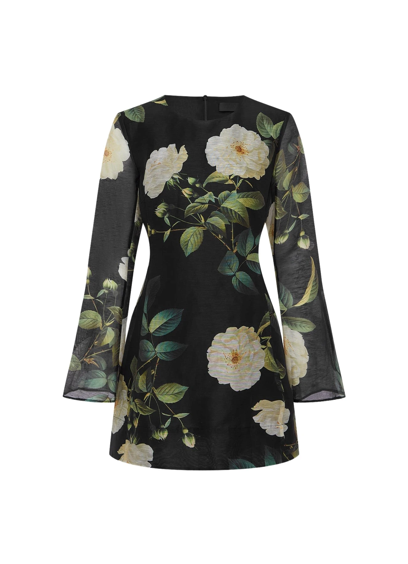 Leo Lin Suzanne Dress – Bell-Sleeve Mini in Blossom Print | Luxury Shoes Model wearing Leo Lin Suzanne mini dress with bell sleeves in floral blossom print — shop luxury fashion at Luxury Shoes