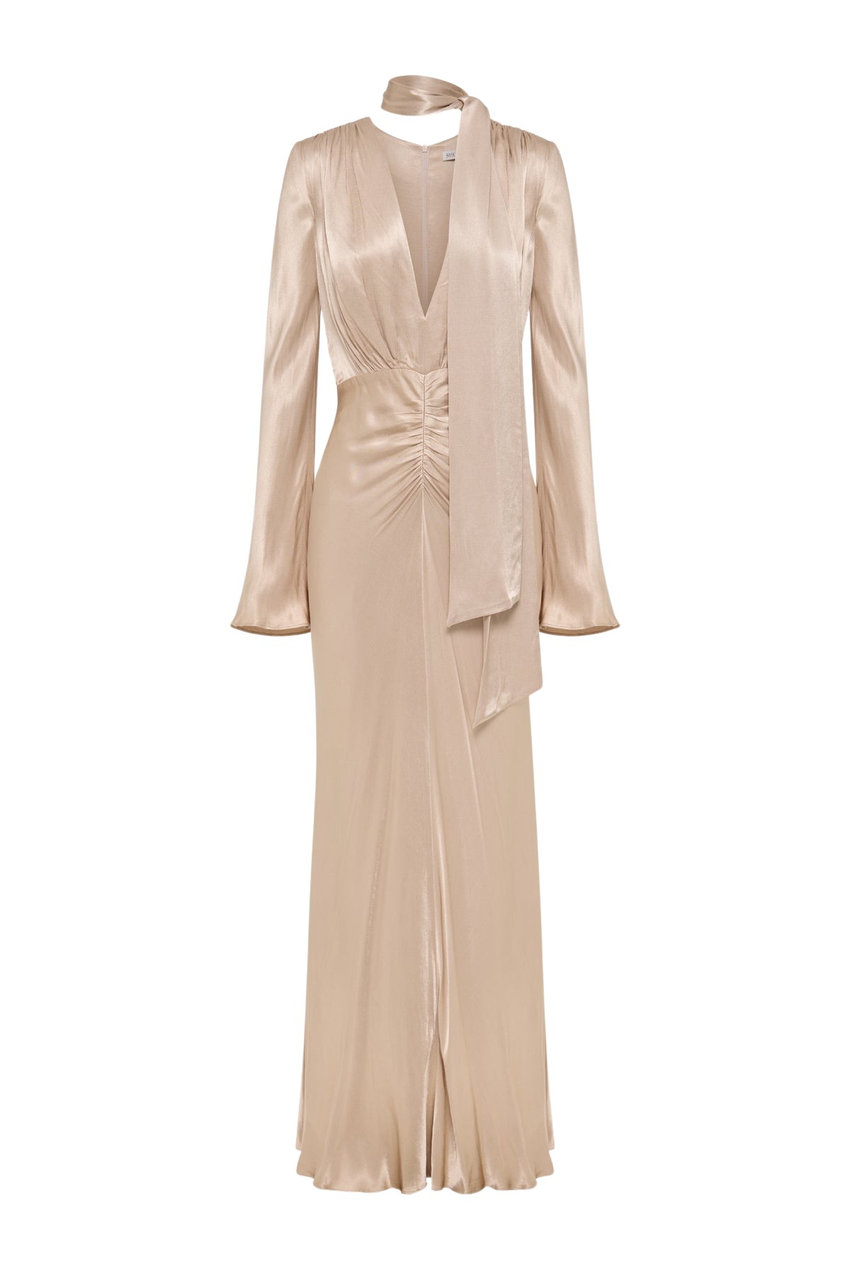 Shona Joy La Lune Plunged Long Sleeve Maxi Dress – Gold