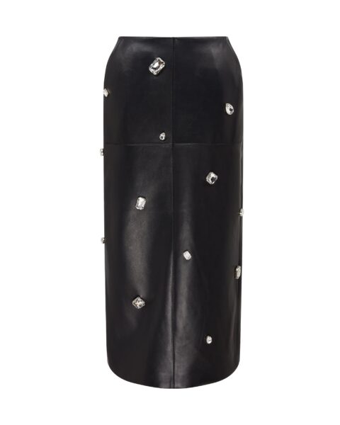 David Koma Allover Crystal Embroidered Leather Midi Skirt
