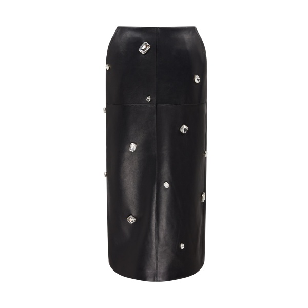 David Koma Allover Crystal Embroidered Leather Midi Skirt