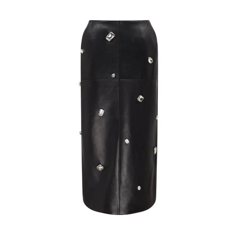 David Koma Allover Crystal Embroidered Leather Midi Skirt