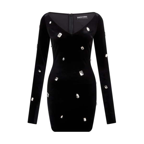 David Koma Allover Crystal Embroidered Velvet Mini Dress