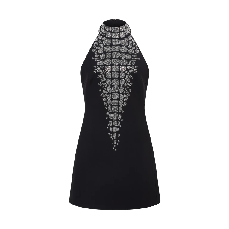 David Koma Croc Rhinestone Embroidery Halterneck Mini Dress