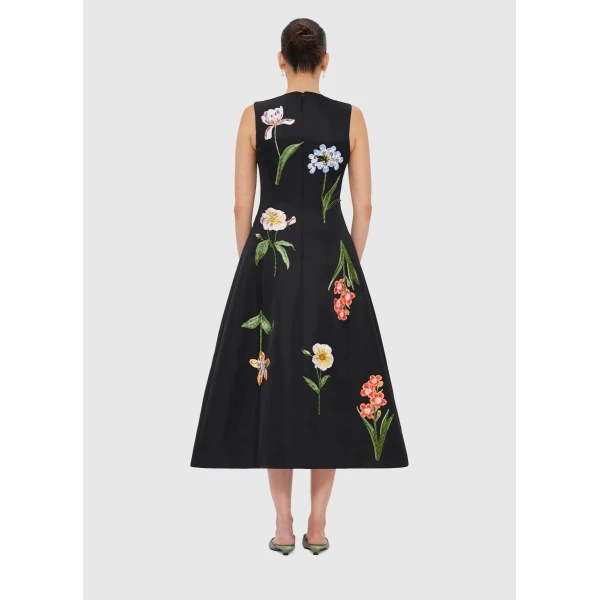 the Botanical Print is designed to delight. - Embroidered Sleeveless Midi Dress - Botanical Print in Ebony from Luxury Shoes 