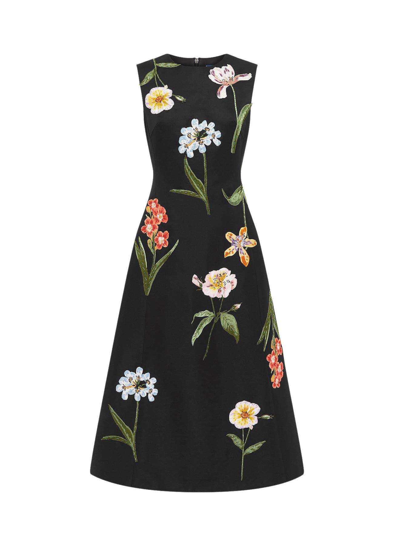 Leo Lin Cleo Embroidered Sleeveless Midi Dress – Botanical Print in Ebony