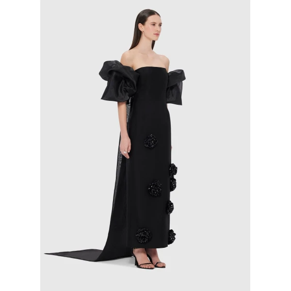 Asymmetrical long train - Organza Puff Sleeve Cape - Ebony from Luxury Shoes 