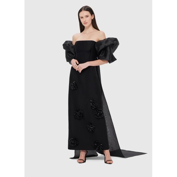 Asymmetrical long train - Organza Puff Sleeve Cape - Ebony from Luxury Shoes 