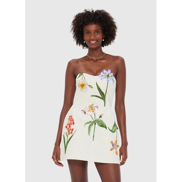 Leo Lin Blue Dresses Vivid wildflowers are bloom across a heavenly snow base. Soft beading and flashes of colour are fresh
