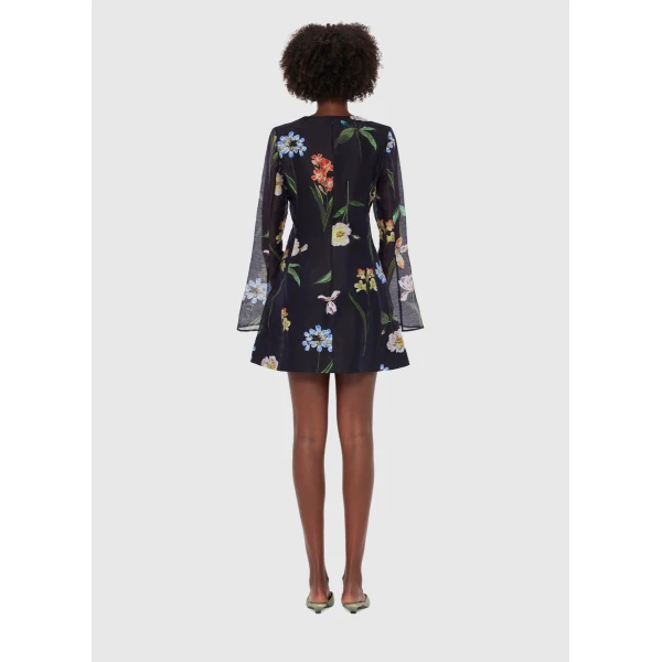the Botanical Print is designed to delight. - Bell Sleeve Mini Dress - Botanical Print in Ebony from Luxury Shoes 