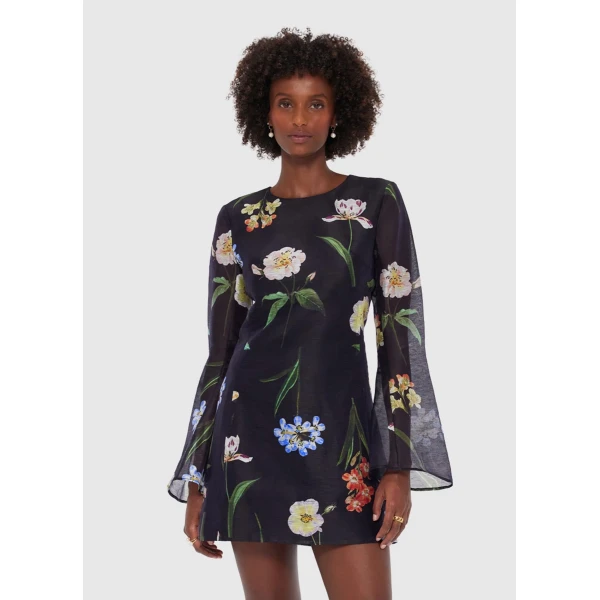 Leo Lin Blue Dresses Step into a midnight garden where vivid wildflowers are scattered across a black canopy. Bright