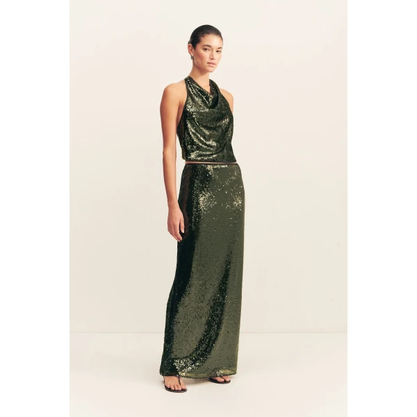 High halter cowl neckline