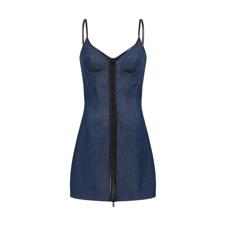David Koma Leather Trimmed Mini Denim Dress