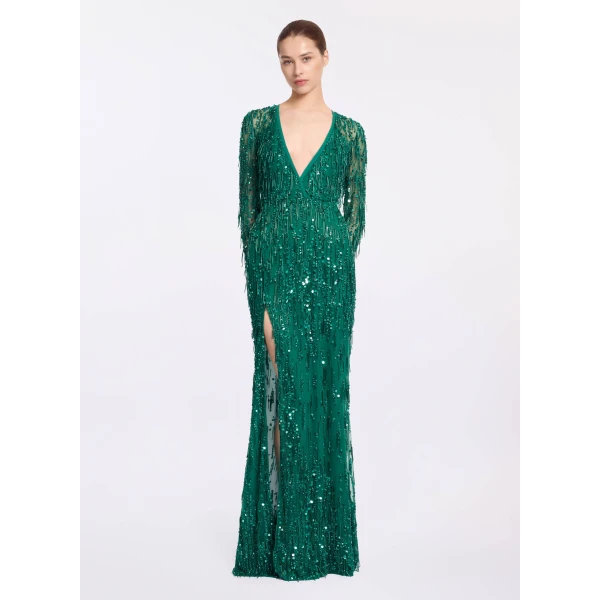 Elie Saab Bead Embroidered Fringe Gown in Green featuring Bead Embroidered Fringes – Luxury Designer Fashion at Luxury Shoes .