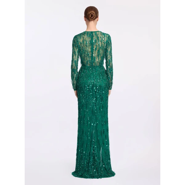 Elie Saab Bead Embroidered Fringe Gown in Green featuring Bead Embroidered Fringes – Luxury Designer Fashion at Luxury Shoes .