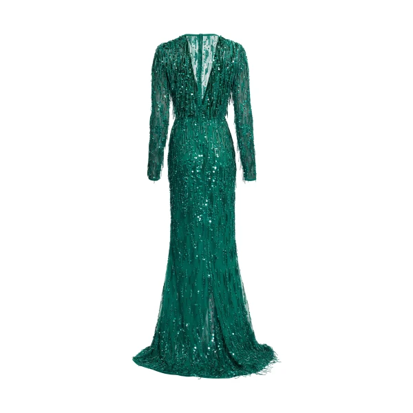 Elie Saab Bead Embroidered Fringe Gown in Green featuring Bead Embroidered Fringes – Luxury Designer Fashion at Luxury Shoes .