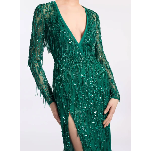 Elie Saab Bead Embroidered Fringe Gown in Green featuring Bead Embroidered Fringes – Luxury Designer Fashion at Luxury Shoes .