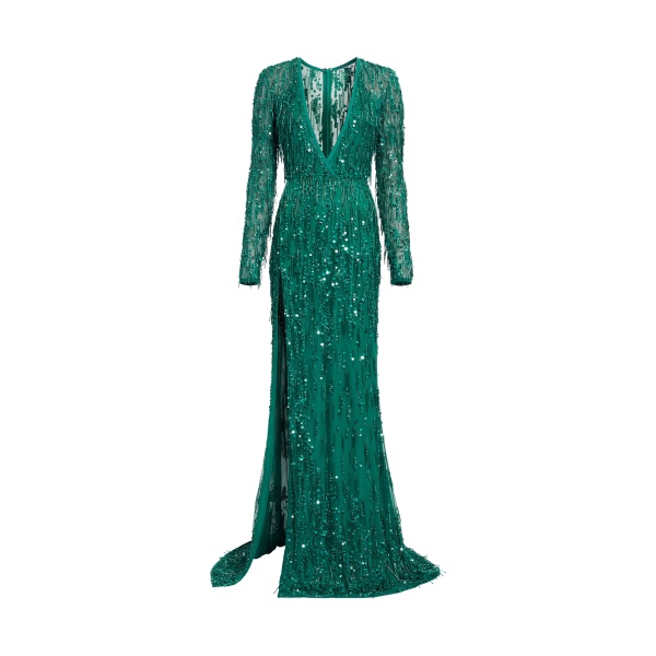 Elie Saab Bead Embroidered Fringe Gown in Green featuring Bead Embroidered Fringes – Luxury Designer Fashion at Luxury Shoes .