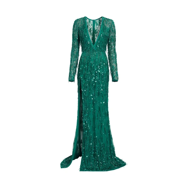 Elie Saab Bead Embroidered Fringe Gown in Green featuring Bead Embroidered Fringes – Luxury Designer Fashion at Luxury Shoes .
