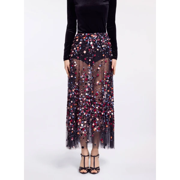 Elie Saab Bead Embroidered Multicolor Skirt in Black featuring Multicolor Sequins & Beads – Luxury Designer Fashion at Luxury Shoes .