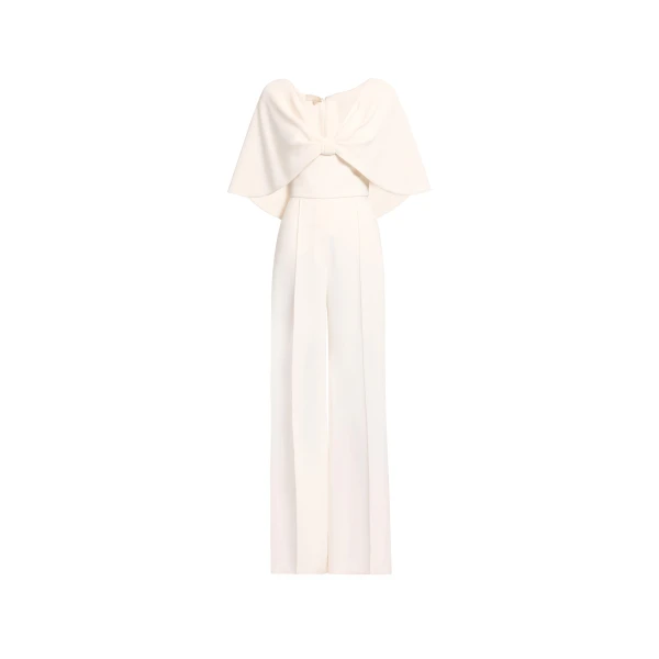 Elie Saab Cady Jumpsuit in White featuring Cape Effect Sleeves – Luxury Designer Fashion at Luxury Shoes .