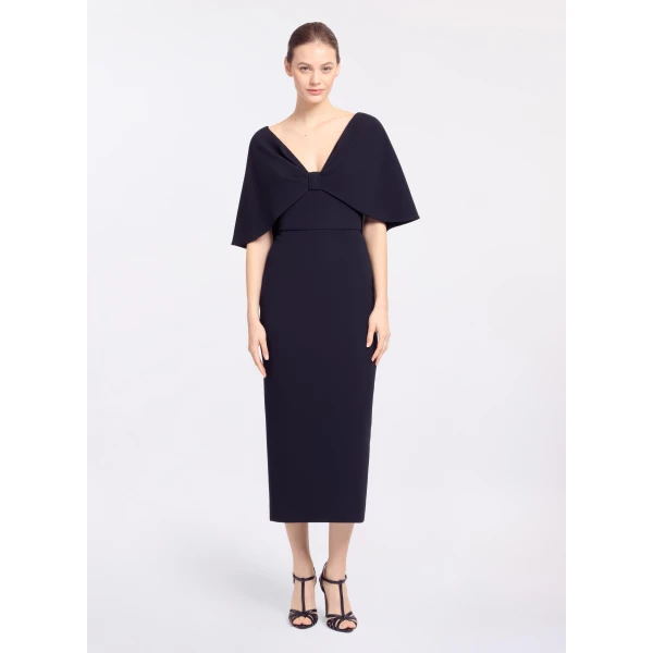 Elie Saab Cady Midi Dress in Black featuring Cape Effect Sleeves – Luxury Designer Fashion at Luxury Shoes .
