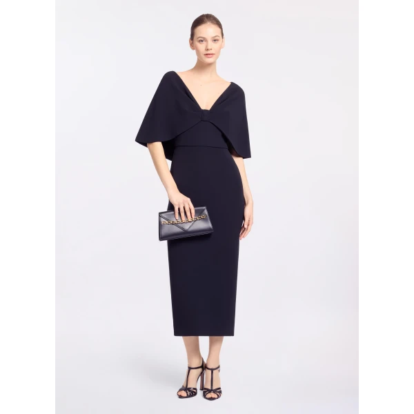Elie Saab Cady Midi Dress in Black featuring Cape Effect Sleeves – Luxury Designer Fashion at Luxury Shoes .