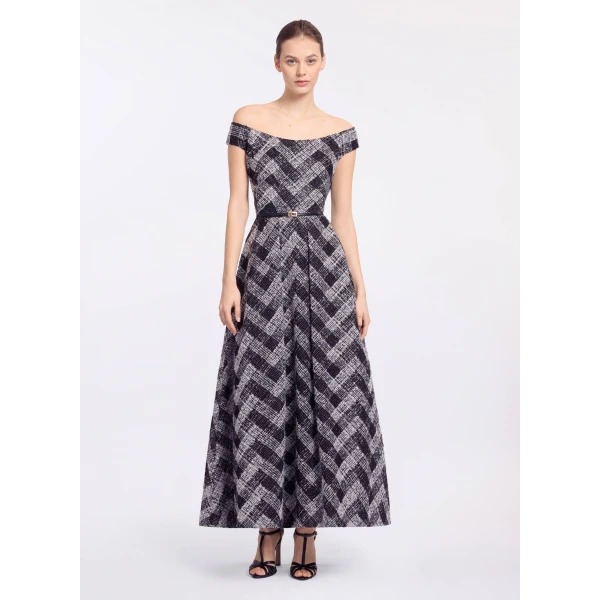 Elie Saab Chevron Off-Shoulder Midi Dress in White featuring Off-The-Shoulder – Luxury Designer Fashion at Luxury Shoes .