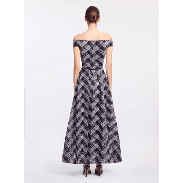 Elie Saab Chevron Off-Shoulder Midi Dress in White featuring Off-The-Shoulder – Luxury Designer Fashion at Luxury Shoes .