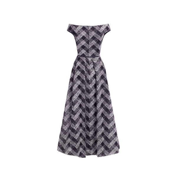 Elie Saab Chevron Off-Shoulder Midi Dress in White featuring Off-The-Shoulder – Luxury Designer Fashion at Luxury Shoes .