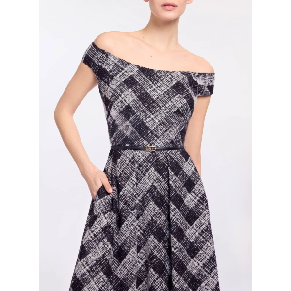 Elie Saab Chevron Off-Shoulder Midi Dress in White featuring Off-The-Shoulder – Luxury Designer Fashion at Luxury Shoes .