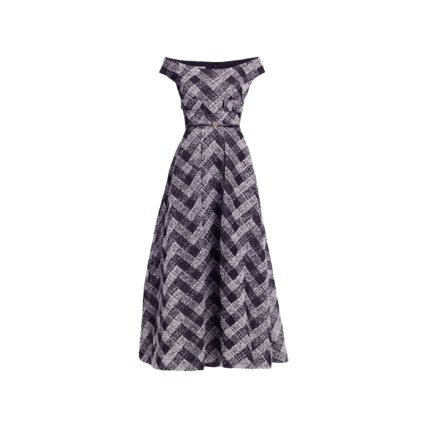 Elie Saab Chevron Off-Shoulder Midi Dress in White featuring Off-The-Shoulder – Luxury Designer Fashion at Luxury Shoes .