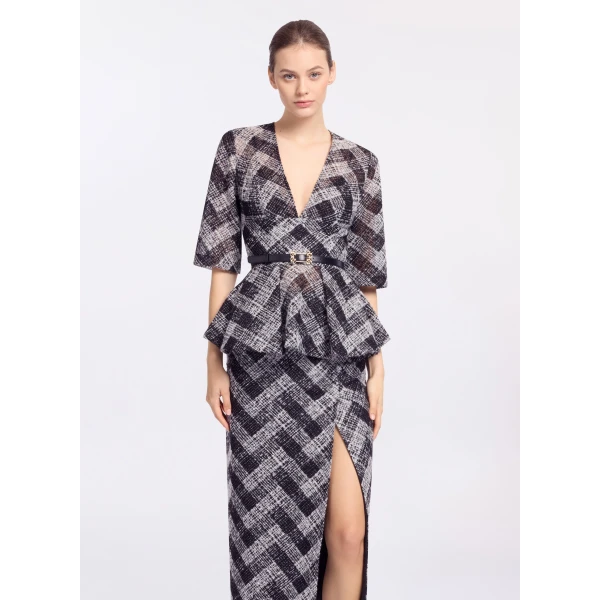 Elie Saab Chevron Peplum Blouse in White featuring V-Neckline – Luxury Designer Fashion at Luxury Shoes .