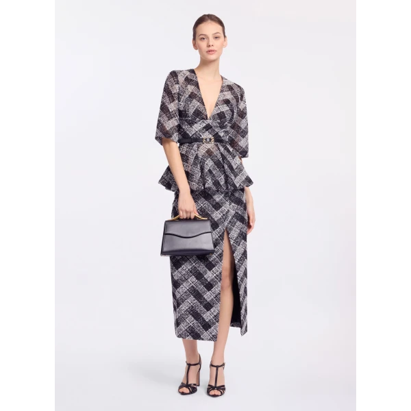 Elie Saab Chevron Peplum Blouse in White featuring V-Neckline – Luxury Designer Fashion at Luxury Shoes .