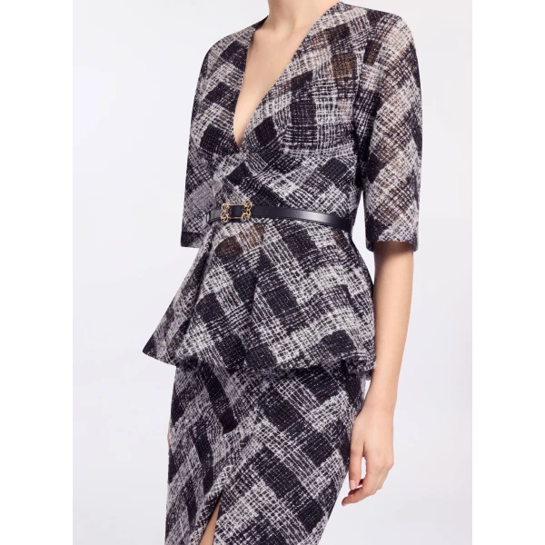 Elie Saab Chevron Peplum Blouse in White featuring V-Neckline – Luxury Designer Fashion at Luxury Shoes .