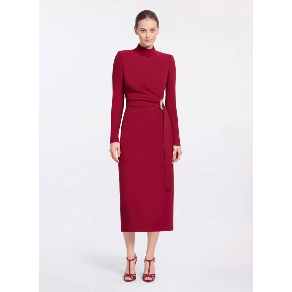Elie Saab Crytal Embellished Midi Dress in Red featuring Asymmetrical Draped Dress – Luxury Designer Fashion at Luxury Shoes .