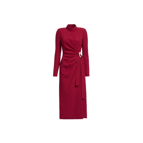 Elie Saab Crytal Embellished Midi Dress in Red featuring Asymmetrical Draped Dress – Luxury Designer Fashion at Luxury Shoes .