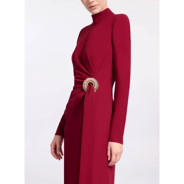 Elie Saab Crytal Embellished Midi Dress in Red featuring Asymmetrical Draped Dress – Luxury Designer Fashion at Luxury Shoes .