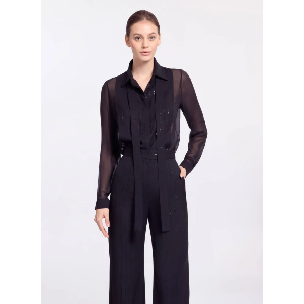 Elie Saab Embellished Pinstripe Silk Shirt in Black featuring Classic Collar – Luxury Designer Fashion at Luxury Shoes .