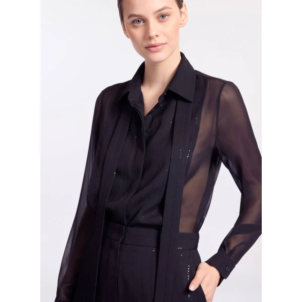 Elie Saab Embellished Pinstripe Silk Shirt in Black featuring Classic Collar – Luxury Designer Fashion at Luxury Shoes .