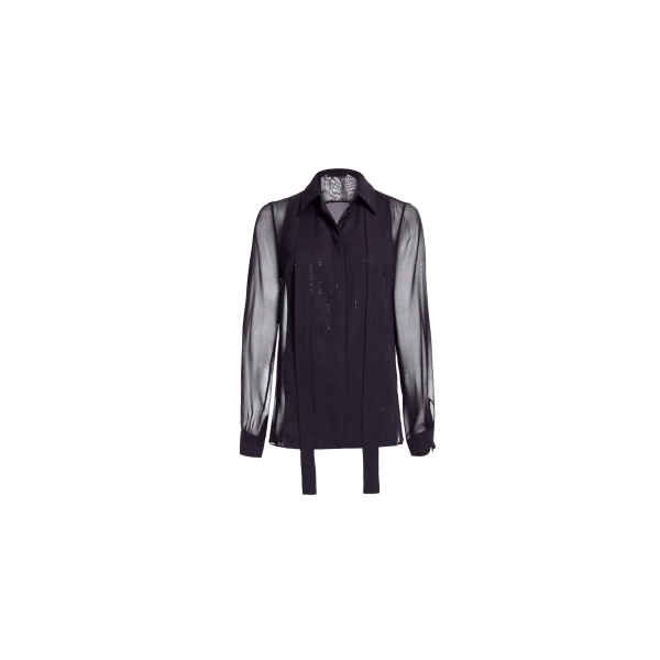 Elie Saab Embellished Pinstripe Silk Shirt in Black featuring Classic Collar – Luxury Designer Fashion at Luxury Shoes .